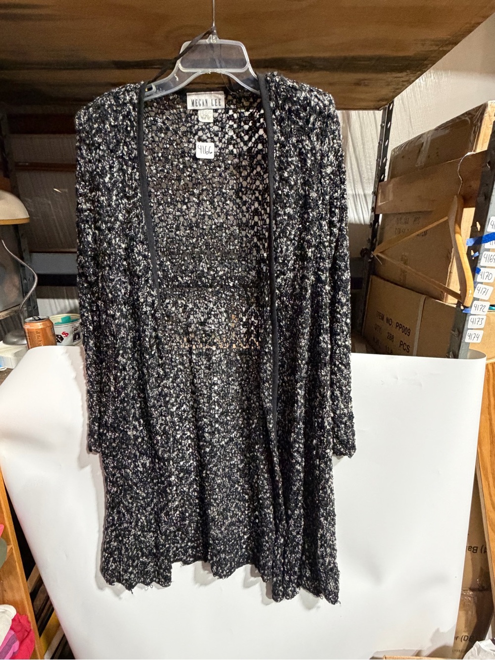#4166-Black & White Open-Front Bouclé Cardigan